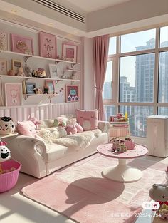 a living room filled with lots of pink furniture