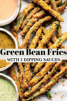 green bean fries with dipping sauces on the side