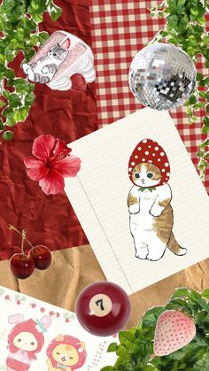 an image of a cat with a hat and cherries