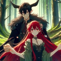 two anime characters standing in the woods with horns on their heads and long red hair