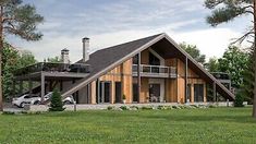 an artist's rendering of a house in the woods with two cars parked outside