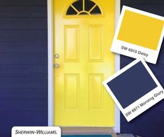 the front door is painted bright yellow and blue