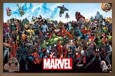 a large group of avengers characters in front of a red background