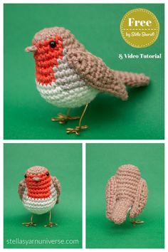 crocheted bird sitting on top of a green surface next to another bird with red and white feathers