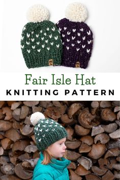 two knitted hats with hearts on them and the words fair isle hat knitting pattern