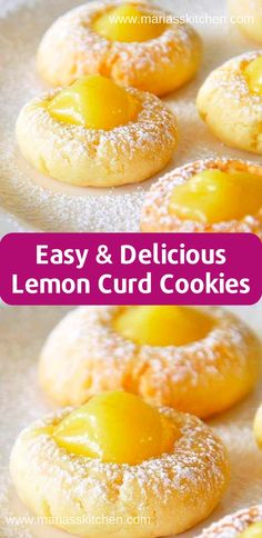 lemon curd cookies with powdered sugar on top and the words, easy & delicious lemon curd cookies