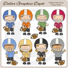 a set of cartoon football players in different uniforms and helmets, with the words dollar graphics depot