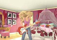 a woman playing guitar in a bedroom with pink walls