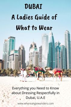 two camels walking on the beach in front of tall buildings with text overlay that reads, dubai a ladies'guide of what to wear everything you need to know about