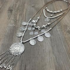 Tribal Plate Necklace +Silver plated Coins +Long String Leather +Ethnic Jewelry Boho Necklaces, Boho Statement Necklace, Western Necklaces, Necklaces Chain, Silver Jewelry Box, Coin Pendant Necklace, Boho Chic Jewelry, Multi Layer Necklace, Bohol