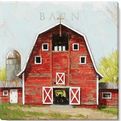 a painting of a red barn with the words barn on it