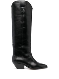 black calf leather pointed toe slip-on style mid block heel knee-high Isabel Marant Cowboy Boots Outfit, Classic Calf Leather Knee-high Boots With Pointed Toe, Long Cowboy Boots, Long Boots Black, Isabel Marant Boots, Suede Cowboy Boots, Visual Gallery, Pointed Toe Boots, Slip On Boots