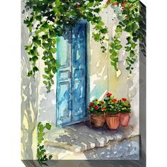 a painting of an open door with flowers and potted plants