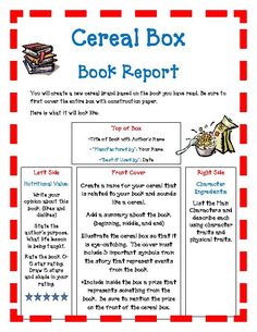 the cereal box book report is shown in red and white