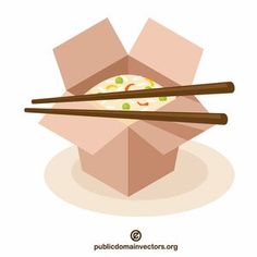 an open box with chopsticks and food in it