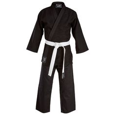 a black karate suit with white belt