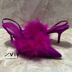 This Is An Incredible Gorgeous Pair Of Fuchsia Color Slingback Heels. They Are Two Inch Heel Satin Base With Feather Trim. They Say A Size 39. I Wear An 8 So They Do Run Small . I Think They Are Maybe 7 1/2, Because Of The Narrow Toe. If You Have A Narrow Foot This Would Work For Size 8. Purple High Heel Slingback Pumps For Summer, Chic Purple Slingback Pumps For Spring, Purple High Heel Slingback Pumps For Spring, Purple High Heel Slingback Pumps With Heel Strap, Purple High Heel Slingback Pumps, Purple Pointed Toe Slingback Pumps For Evening, Purple Heel Strap Slingback Pumps For Evening, Spring Purple Slingback Pumps With Heel Strap, Purple Slingback Pumps With Heel Strap For Party