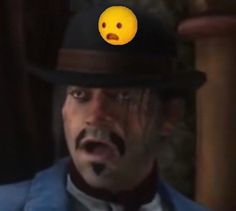 a man wearing a top hat with a smiley face on it's forehead and an emoticive expression