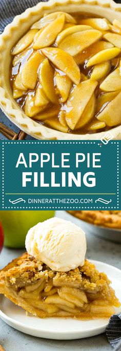 an apple pie with ice cream on top and the words, apple pie filling above it