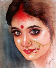 an artistic painting of a woman's face with piercings on her nose and nose ring