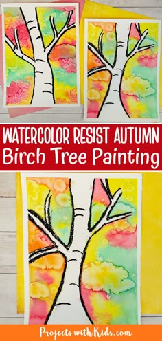 watercolor resist autumn birch tree painting is shown in three different pictures with text overlay