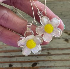 Glass Lampwork Daisy Earrings, 25mm Daisies   *Price is for 1 pair of 25mm flower earrings https://etsy.me/2OhuWOQ Note: colors may differ depending on your monitor White Flower Shaped Glass Jewelry, Clear Flower Resin Earrings, Clear Resin Flower Earrings, Handmade White Glass Earrings, White Glass Earrings With Ear Wire, Handmade Silver Resin Flower Earrings, Clear Glass Flower Jewelry, Hypoallergenic Clear Flower-shaped Jewelry, Hypoallergenic Clear Flower Jewelry