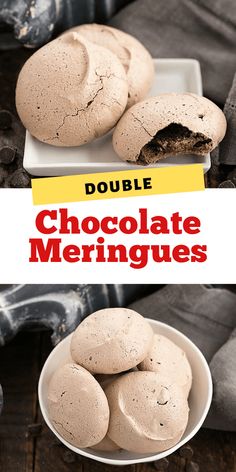 chocolate meringues in a white bowl on a wooden table with text overlay