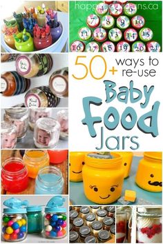 there are many different pictures with words on the bottom and bottom, including baby food jars