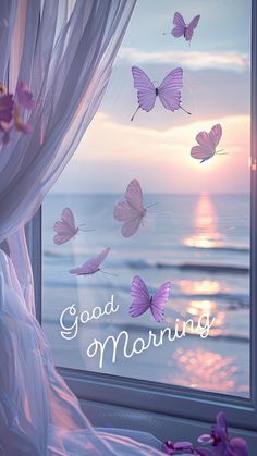 there is a window with butterflies flying out of it and the words, good morning