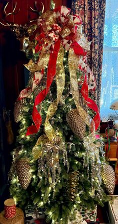 a christmas tree decorated with pine cones and bows