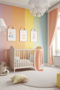 a baby's room with pastel colors and white flooring, including a crib