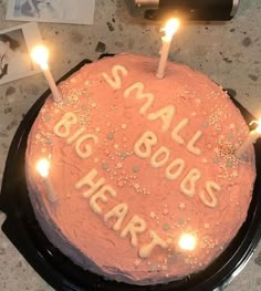 a birthday cake with candles on it that says small books are hearty for someone