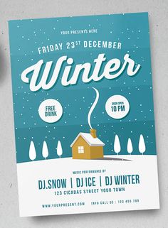 a flyer for a winter party with a house in the snow and trees on it