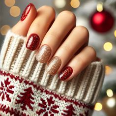 Get holiday-ready with this classic Christmas nail look featuring vibrant red nails and a glittering gold accent. Perfect for a festive season manicure, this design combines the warmth of red with the sparkle of gold for an elegant holiday vibe. Short, rounded nails keep it chic and cozy, while the shimmering gold accent adds a touch of Christmas magic. Pin this festive nail idea for holiday inspiration that’s both timeless and beautiful! 🎄💅✨ Christmas Nails Short Red And Gold, Red With Gold Sparkle Nails, Christmas Nail Ideas Red And Gold, Glitter Christmas Nails Short, Very Short Nails Christmas, Red Nails Gold Glitter, Red Glitter Christmas Nails Sparkle, Red And Gold Manicure, Red And Gold Sparkle Nails