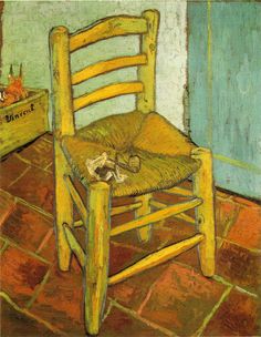 a painting of a wooden chair with a cat sleeping on the seat in front of it