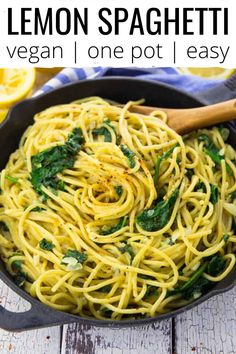 pasta with spinach and lemon in a skillet