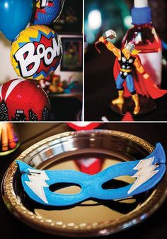 a collage of photos with toys and balloons in the shape of superheros on them