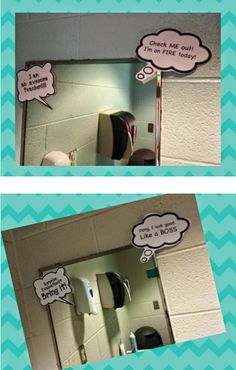 two pictures showing the same bathroom mirror and toilet paper dispenser in each