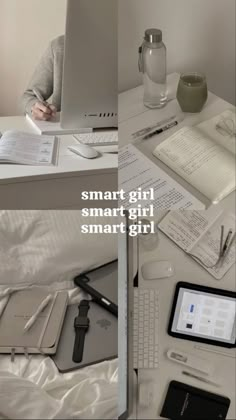 a woman sitting at a desk with a laptop computer and other items on the table