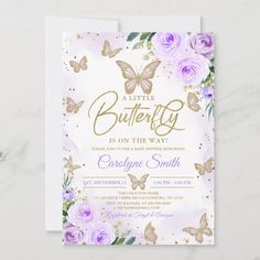 a little butterfly is on the way baby shower card with purple roses and gold butterflies