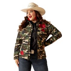 We teamed up with Rodeo Quincy to put a bold spin on our fan-favorite softshell. It's the same stretch and comfort you know and love, infused with RQ's unique, wild-hearted style (think camo print, rose embroidery, and Americana touches).Team Softshell Rodeo Quincy Jacket | Product Features : 0 : Drop tail hem, 1 : Zippered hand pockets|Interior concealed carry pocket | Women's Team Softshell Rodeo Quincy Jacket in Wild West Usa 94% Recycled Polyester, 6% Elastane. stretch nylon resists wind and Stretch Outerwear For Outdoor Fall Activities, Fall Stretch Outerwear For Outdoor, Fitted Outerwear With Zipper For Outdoor Activities, Stretch Windbreaker For Outdoor Winter Activities, Stretch Windbreaker For Winter Outdoor Activities, Windproof Stretch Winter Outerwear, Stretch Windproof Outerwear For Outdoor Activities, Stretch Windproof Outerwear For Outdoor, Stretch Outerwear With Zipper Closure For Outdoor Activities