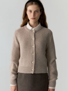 Designer fashion, Seoul-fully created | W Concept Classic Wool Cardigan With Textured Knit, Classic Wool Cardigan For Everyday, Classic Textured Knit Cardigan For Work, Everyday Wool Sweater With Buttons, Metal Accessories, Textured Knit, Wool Cardigan, Looks Vintage, Gold Buttons