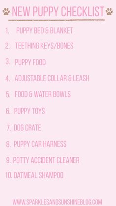 the new puppy checklist is shown in pink