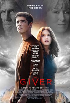 a movie poster for giver with two people standing in front of clouds and mountains