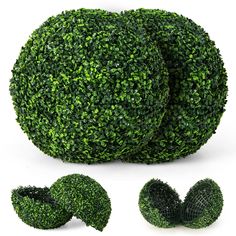 three pieces of green bushes are arranged in the shape of a ball and two smaller ones