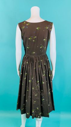 Vintage 1950s Novelty Dress Firefly Lightening Bug Print | Etsy 1950s Summer Cotton Dress, 1950s Style Cotton Vintage Dress For Summer, 1950s Style Cotton Summer Dress, 1950s Style Summer Cotton Dress, Mid-century Cotton Summer Dress, Mid-century Sleeveless Cotton Dress, Vintage Sleeveless Cotton Dresses, Brown Cotton Dress, Bug Dress