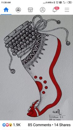 a drawing of a woman's legs with red and black designs on it, in the middle of an instagram page