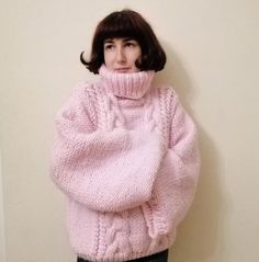 Handmade Pink Knit Sweater Chunky Knit Sweater Turtleneck Knit Sweater Oversized Knit Sweater Cable Knit Sweater Cozy Sweater by TINAFASHIONSHOP on Etsy Turtleneck Sweater Outfit, Knit Sweater Oversized, Goth Harajuku, Pink Oversized Sweater, Pastel Sweater, Oversized Knit Sweater, Light Pink Sweaters, Sweater Chunky, Sweater Turtleneck