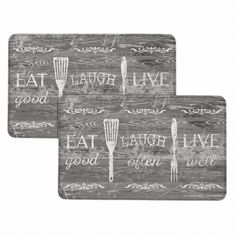 two coasters with words on them that say eat laugh live and whisk