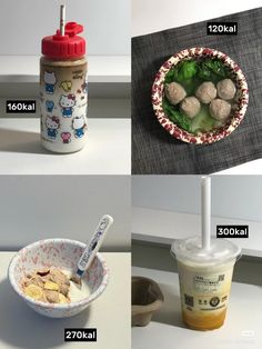 four pictures showing different types of food and drinks in their bowls, with the names on them